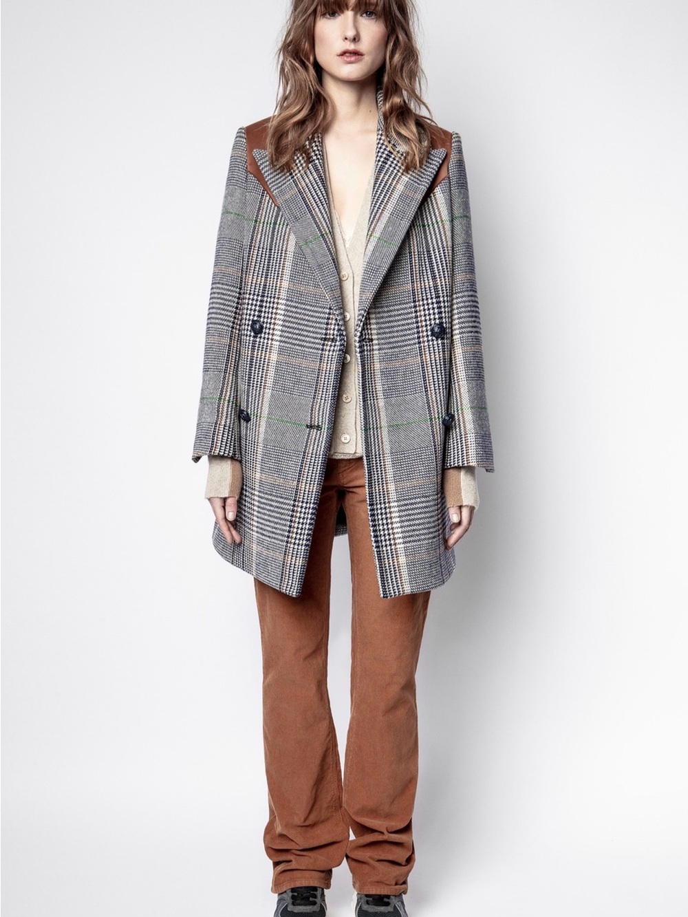 Zadig & Voltaire Checked Wool-Blend Overcoat with Brown Suede Shoulders - Picture 2 of 9